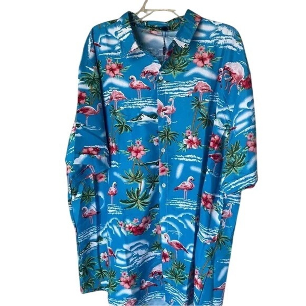 Blue Hawaiian Tropical Flamingo Print Shirt, 3XL